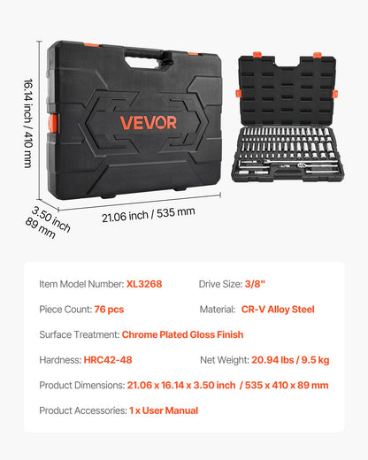 Steckschlüsselsatz, 76-teilig, 9,5-mm-Antrieb, Steckschlüssel- und Ratschenset, SAE und metrisch, tief und flach, Mechaniker-Werkzeugset mit Zubehör und Aufbewahrungskoffer, CR-V-Legierungsstahl, für Kfz-Reparaturen