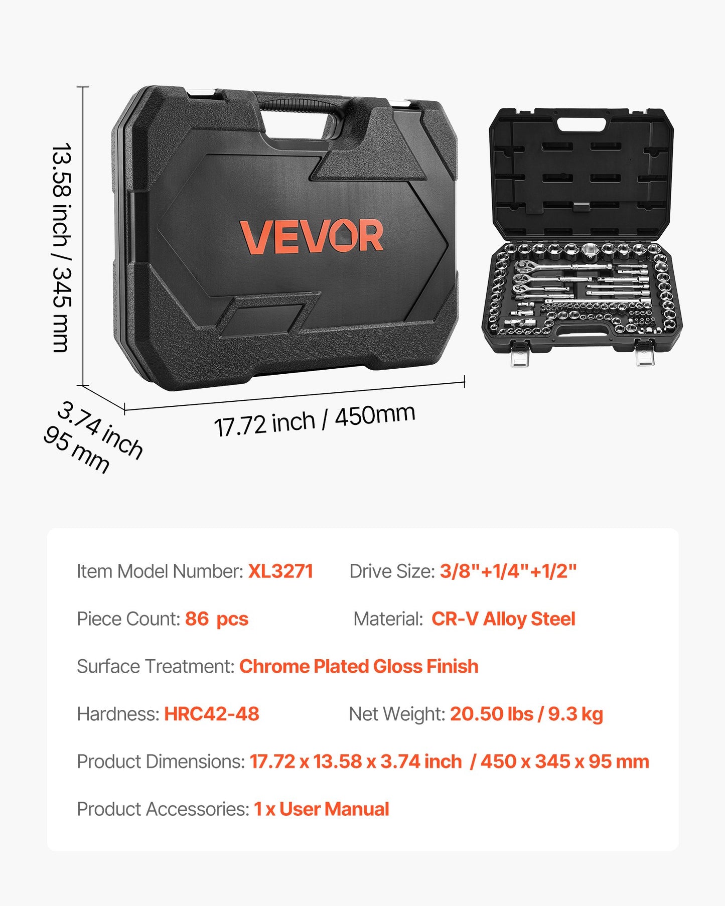 Steckschlüsselsatz, 86-teilig, 9,5, 6,4 und 12,7 mm Antriebs-Steckschlüssel und Ratschenset, SAE und metrisch, Mechaniker-Werkzeugset mit Ratschenschlüssel, Zubehör und Aufbewahrungskoffer, CR-V-Legierungsstahl, für die Autoreparatur