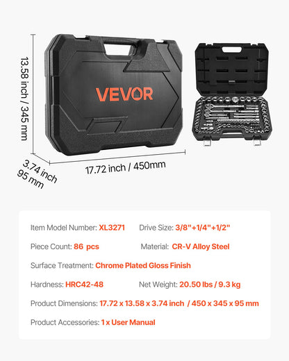 Steckschlüsselsatz, 86-teilig, 9,5, 6,4 und 12,7 mm Antriebs-Steckschlüssel und Ratschenset, SAE und metrisch, Mechaniker-Werkzeugset mit Ratschenschlüssel, Zubehör und Aufbewahrungskoffer, CR-V-Legierungsstahl, für die Autoreparatur