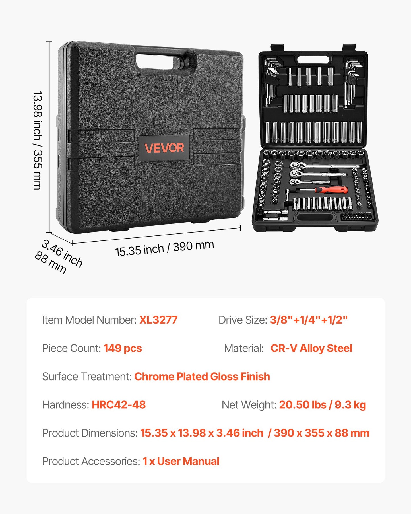 Steckschlüsselsatz, 149-teilig, 9,5, 6,4 und 12,7 mm Antriebs-Steckschlüssel und Ratschen, SAE und metrisch, tief und flach, Mechaniker-Werkzeugset mit Bits, Zubehör, Aufbewahrungskoffer, CR-V-Legierungsstahl, für Reparaturen