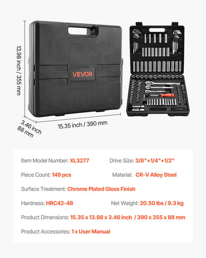 Steckschlüsselsatz, 149-teilig, 9,5, 6,4 und 12,7 mm Antriebs-Steckschlüssel und Ratschen, SAE und metrisch, tief und flach, Mechaniker-Werkzeugset mit Bits, Zubehör, Aufbewahrungskoffer, CR-V-Legierungsstahl, für Reparaturen