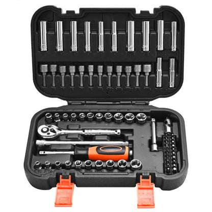 Socket Set, 70 Pieces, 6.4 mm Drive Socket and Ratchet Set, SAE and Metric, Deep and Shallow, Mechanic Tool Kit with Bits, Accessories and Storage Case, CR-V Alloy Steel, for Automotive Repair