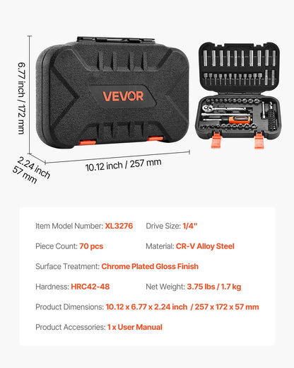 Socket Set, 70 Pieces, 6.4 mm Drive Socket and Ratchet Set, SAE and Metric, Deep and Shallow, Mechanic Tool Kit with Bits, Accessories and Storage Case, CR-V Alloy Steel, for Automotive Repair
