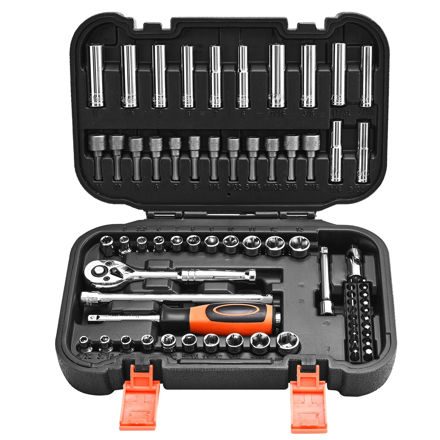 Socket Set, 70 Pieces, 6.4 mm Drive Socket and Ratchet Set, SAE and Metric, Deep and Shallow, Mechanic Tool Kit with Bits, Accessories and Storage Case, CR-V Alloy Steel, for Automotive Repair