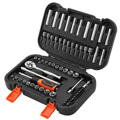 Socket Set, 70 Pieces, 6.4 mm Drive Socket and Ratchet Set, SAE and Metric, Deep and Shallow, Mechanic Tool Kit with Bits, Accessories and Storage Case, CR-V Alloy Steel, for Automotive Repair