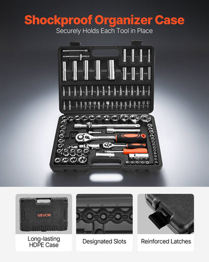 Socket Set, 108 Pieces, 6.4 & 12.7 mm Drive Socket and Ratchet Set, Metric Size from 4 to 32 mm, Mechanic Tool Kit with Bits, Accessories, Storage Case, CR-V Alloy Steel, for Automotive Repair
