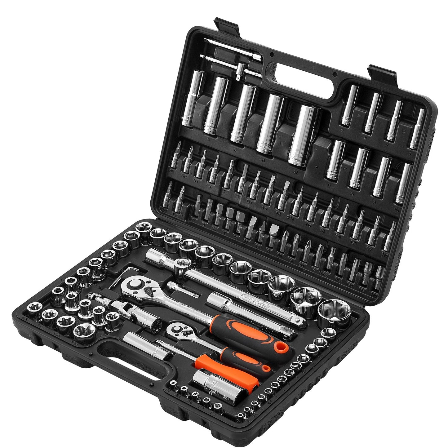 Socket Set, 108 Pieces, 6.4 & 12.7 mm Drive Socket and Ratchet Set, Metric Size from 4 to 32 mm, Mechanic Tool Kit with Bits, Accessories, Storage Case, CR-V Alloy Steel, for Automotive Repair