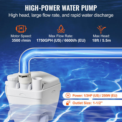 Spülbeckenpumpe, Abflusspumpensystem für Waschbecken, 200 W, 1500 GPH, 548,6 cm Förderhöhe, 3,8 cm Auslass, niedriger Abfluss, korrosionsbeständig, geräuscharm, für Villenkeller, Waschmaschinen, vielseitige Spülbecken und Bars