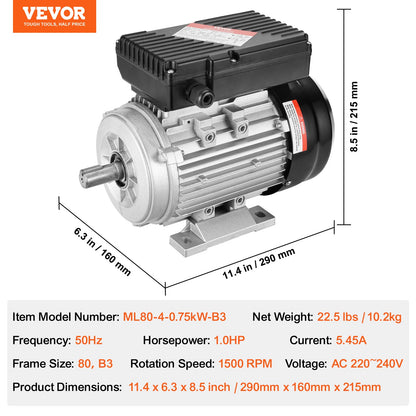 0.75KW Electric Motor 1400 rpm, AC 220~240V 5.45A, 80, B3 Frame, Air Compressor Motor Single Phase, 19mm Keyed Shaft, CW/CCW Rotation for Agricultural Machinery and General Equipment