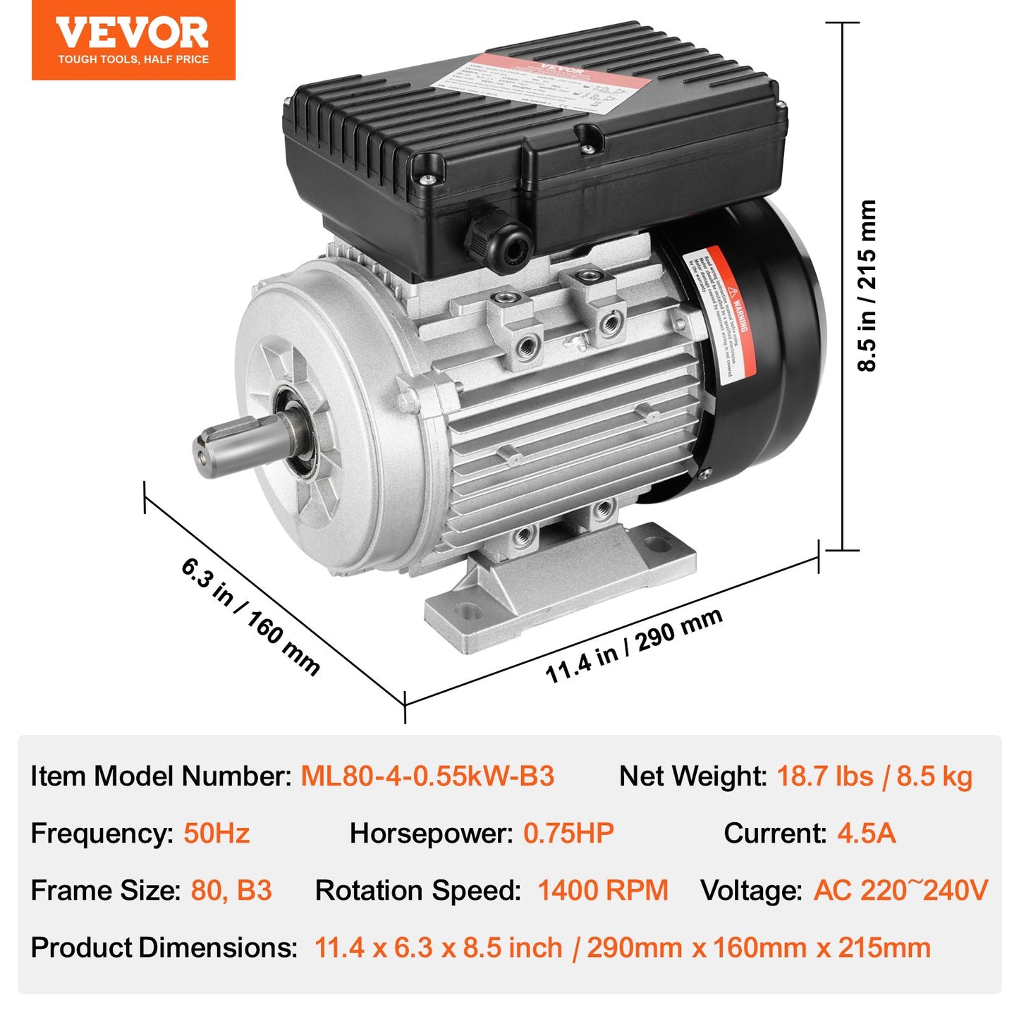 0.55KW Electric Motor 1400 rpm, AC 220~240V 4.5A, 80, B3 Frame, Air Compressor Motor Single Phase, 19mm Keyed Shaft, CW/CCW Rotation for Agricultural Machinery and General Equipment