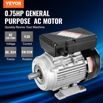 0.55KW Electric Motor 1400 rpm, AC 220~240V 4.5A, 80, B34 Frame, Air Compressor Motor Single Phase, 19mm Keyed Shaft, CW/CCW Rotation for Agricultural Machinery and General Equipment