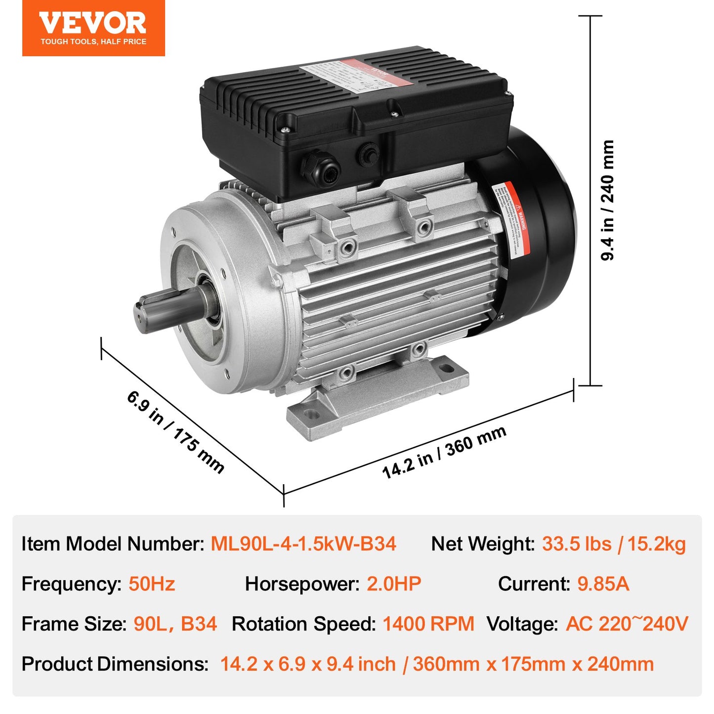 1,5-kW-Elektromotor, 1400 U/min, Wechselstrom 220–240 V, 9,85 A, 90 l, Baugröße B34, Einphasen-Luftkompressormotor, 24-mm-Keilwelle, Rechts-/Linkslauf für Landmaschinen und allgemeine Geräte