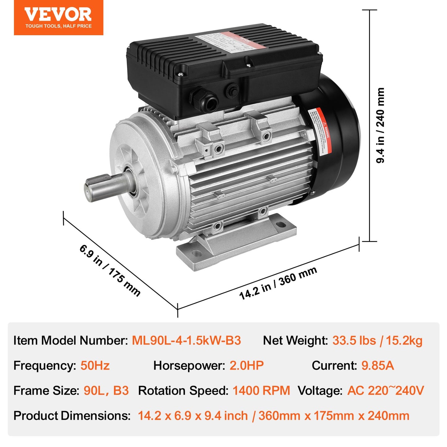 1,5-kW-Elektromotor, 1400 U/min, Wechselstrom 220–240 V, 9,85 A, 90 l, Baugröße B3, Einphasen-Luftkompressormotor, 24-mm-Keilwelle, Rechts-/Linkslauf für Landmaschinen und allgemeine Geräte