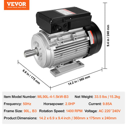 1,5-kW-Elektromotor, 1400 U/min, Wechselstrom 220–240 V, 9,85 A, 90 l, Baugröße B3, Einphasen-Luftkompressormotor, 24-mm-Keilwelle, Rechts-/Linkslauf für Landmaschinen und allgemeine Geräte