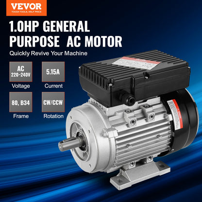 0.75KW Electric Motor 2850 rpm, AC 220~240V 5.15A, 80, B34 Frame, Air Compressor Motor Single Phase, 19mm Keyed Shaft, CW/CCW Rotation for Agricultural Machinery and General Equipment
