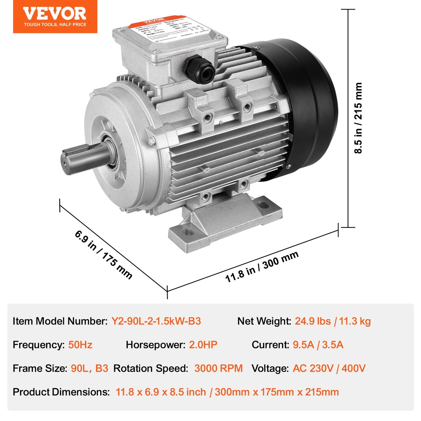 1,5-kW-Elektromotor, 3000 U/min, Wechselstrom 230 V/400 V, 9,5 A/3,5 A, 90 l, Baugröße B3, Drehstrom-Luftkompressormotor, 24-mm-Keilwelle, Rechts-/Linkslauf für Landmaschinen und allgemeine Geräte