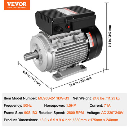 1,1-kW-Elektromotor, 2800 U/min, Wechselstrom 220–240 V, 7,1 A, 90S, Baugröße B3, Einphasen-Luftkompressormotor, 24-mm-Keilwelle, Rechts-/Linkslauf für Landmaschinen und allgemeine Geräte