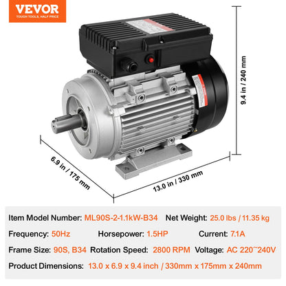 1,1-kW-Elektromotor, 2800 U/min, Wechselstrom 220–240 V, 7,1 A, 90S, Baugröße B34, Einphasen-Luftkompressormotor, 24-mm-Keilwelle, Rechts-/Linkslauf für Landmaschinen und allgemeine Geräte