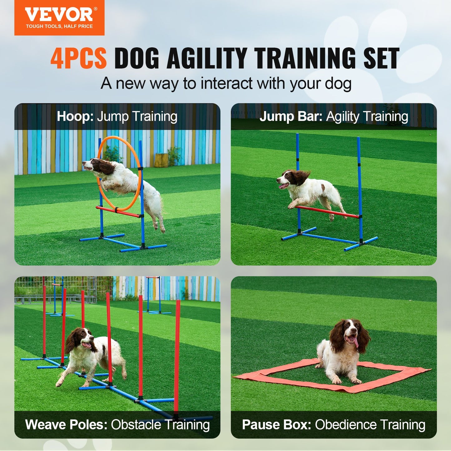 Dog Agility Training Equipment, 4 PCS Set with Adjustable High Hurdles,6 Weave Poles,Jump Ring,Square Pause Box,Whistle,Foldable Bowl, Puppy Obstacle Course Kit for Backyard, Indoor, Outdoor