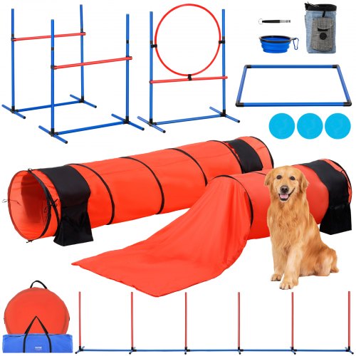 Dog Agility Training Equipment, 7 PCS Set Upgrade w/ Adjustable High Hurdles,6 Weave Poles,2 Tunnels,Jump Ring,Pause Box,Whistle,Foldable Bowl,Puppy Obstacle Course Kit w/ 3 Bags