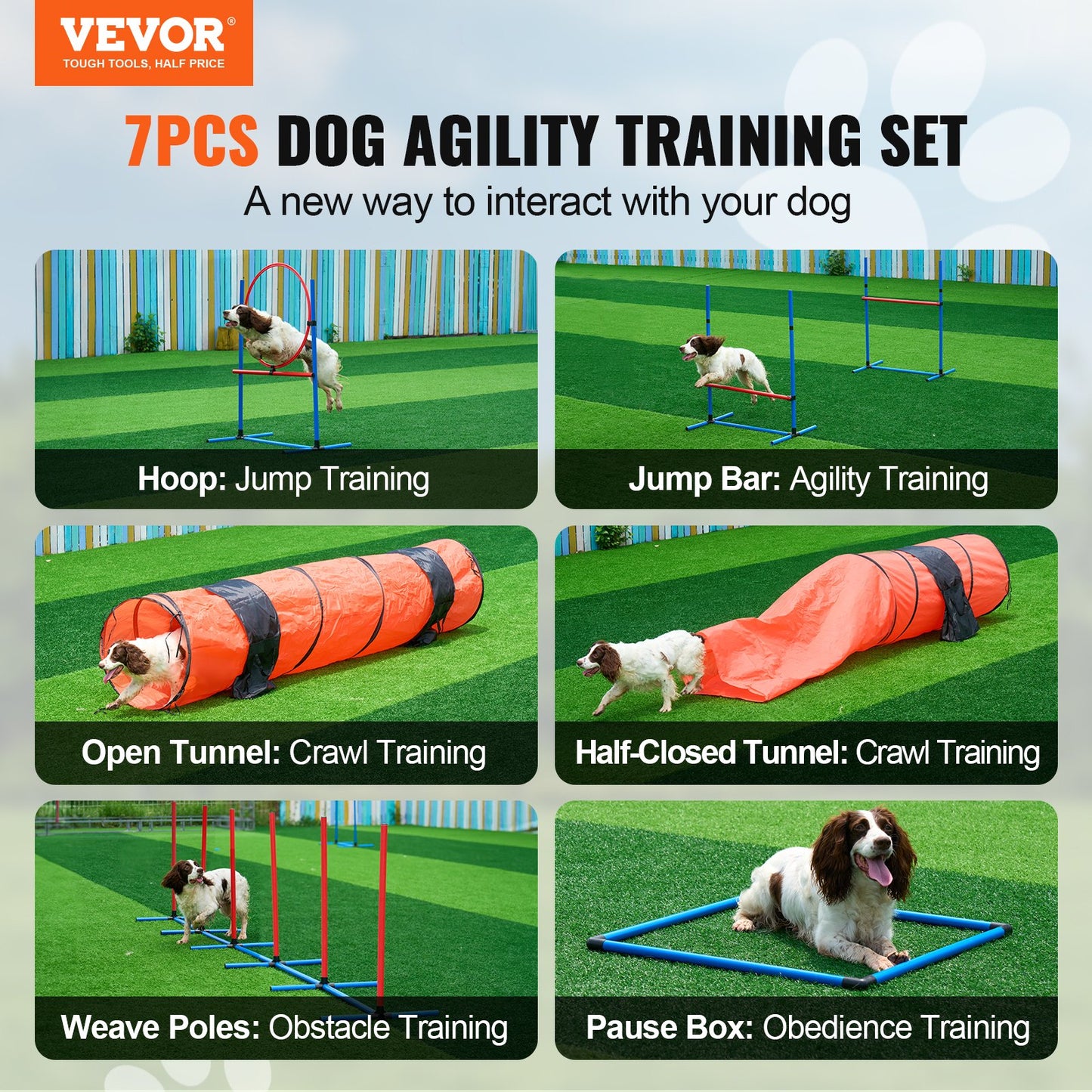 Dog Agility Training Equipment, 7 PCS Set Upgrade w/ Adjustable High Hurdles,6 Weave Poles,2 Tunnels,Jump Ring,Pause Box,Whistle,Foldable Bowl,Puppy Obstacle Course Kit w/ 3 Bags