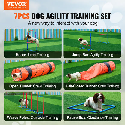 Dog Agility Training Equipment, 7 PCS Set Upgrade w/ Adjustable High Hurdles,6 Weave Poles,2 Tunnels,Jump Ring,Pause Box,Whistle,Foldable Bowl,Puppy Obstacle Course Kit w/ 3 Bags