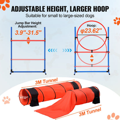 Dog Agility Training Equipment, 7 PCS Set Upgrade w/ Adjustable High Hurdles,6 Weave Poles,2 Tunnels,Jump Ring,Pause Box,Whistle,Foldable Bowl,Puppy Obstacle Course Kit w/ 3 Bags