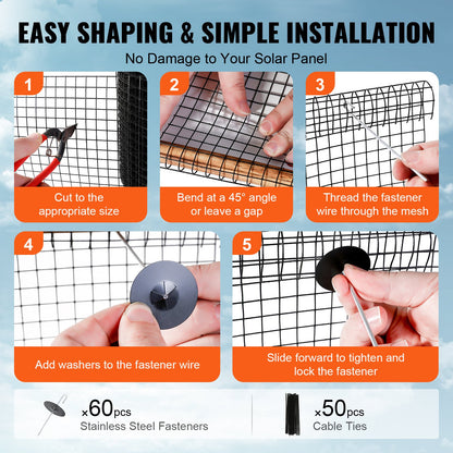 15.24 x 3048 cm Solar Panel Bird Guard, Critter Guard Roll Kit with 60pcs Aluminum Alloy Fasteners, Solar Panel Guard with Rust-proof PVC Coating, 12.7 mm Wire Roll Mesh