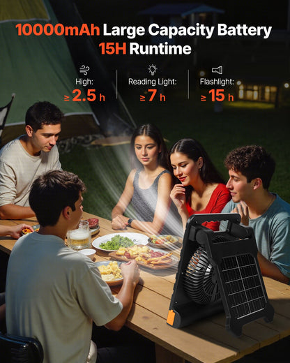 Wiederaufladbarer Solarventilator mit 10.000 mAh Kapazität, LED-Laterne, 18 cm Durchmesser, kabellos, mit 4-W-Solarpanel (faltbar), 4 Geschwindigkeitsstufen, Timer und leisem Betrieb. USB-Akkubetrieb für Camping, Zelt, Baustelle und Büro.