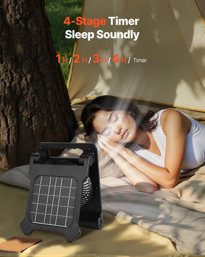 Wiederaufladbarer Solarventilator mit 10.000 mAh Kapazität, LED-Laterne, 18 cm Durchmesser, kabellos, mit 4-W-Solarpanel (faltbar), 4 Geschwindigkeitsstufen, Timer und leisem Betrieb. USB-Akkubetrieb für Camping, Zelt, Baustelle und Büro.