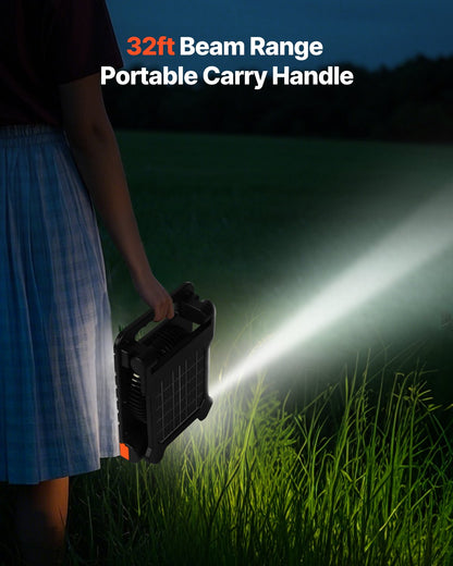 Wiederaufladbarer Solarventilator mit 10.000 mAh Kapazität, LED-Laterne, 18 cm Durchmesser, kabellos, mit 4-W-Solarpanel (faltbar), 4 Geschwindigkeitsstufen, Timer und leisem Betrieb. USB-Akkubetrieb für Camping, Zelt, Baustelle und Büro.