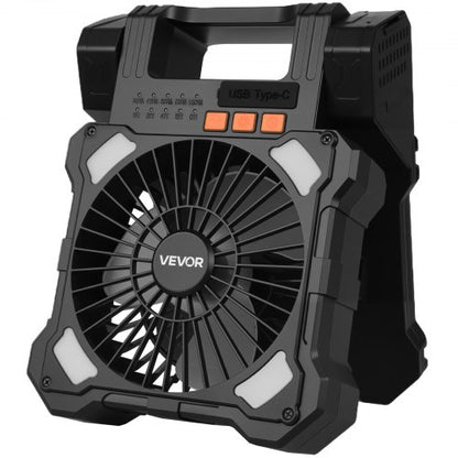 Wiederaufladbarer Solarventilator mit 20.000 mAh Kapazität, LED-Laterne, 20 cm Durchmesser, kabellos, mit 7-W-Solarpanel (faltbar), 5 Geschwindigkeitsstufen, Timer und leisem Betrieb. USB-Akkubetrieb für Camping, Zelt, Baustelle und Büro.