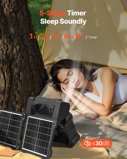 Wiederaufladbarer Solarventilator mit 20.000 mAh Kapazität, LED-Laterne, 20 cm Durchmesser, kabellos, mit 7-W-Solarpanel (faltbar), 5 Geschwindigkeitsstufen, Timer und leisem Betrieb. USB-Akkubetrieb für Camping, Zelt, Baustelle und Büro.