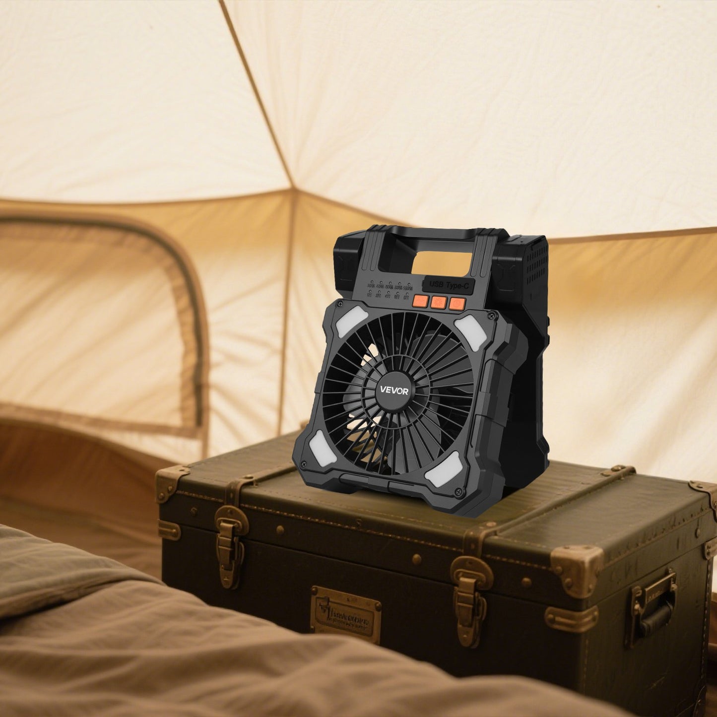 Wiederaufladbarer Solarventilator mit 20.000 mAh Kapazität, LED-Laterne, 20 cm Durchmesser, kabellos, mit 7-W-Solarpanel (faltbar), 5 Geschwindigkeitsstufen, Timer und leisem Betrieb. USB-Akkubetrieb für Camping, Zelt, Baustelle und Büro.