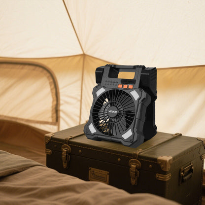 Wiederaufladbarer Solarventilator mit 20.000 mAh Kapazität, LED-Laterne, 20 cm Durchmesser, kabellos, mit 7-W-Solarpanel (faltbar), 5 Geschwindigkeitsstufen, Timer und leisem Betrieb. USB-Akkubetrieb für Camping, Zelt, Baustelle und Büro.