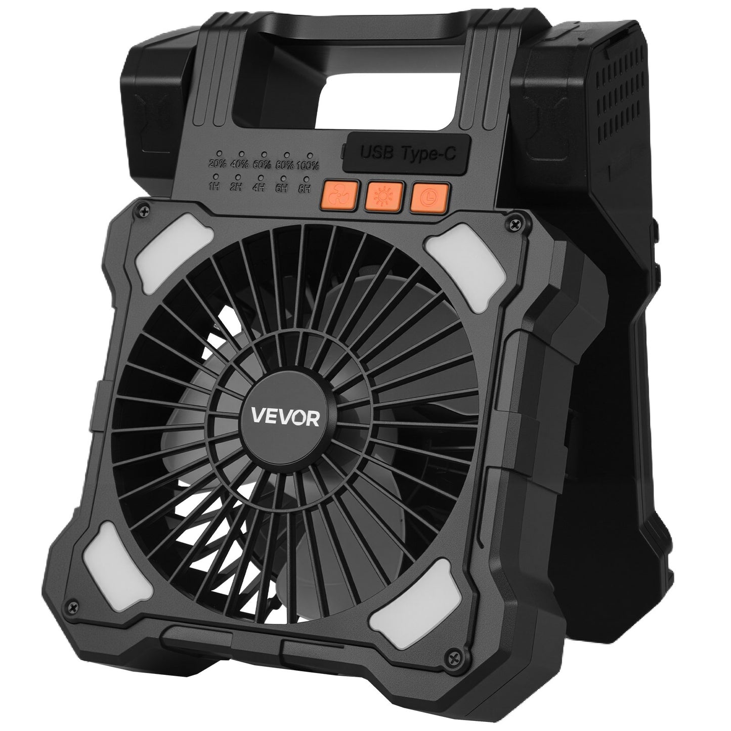 Wiederaufladbarer Solarventilator mit 20.000 mAh Kapazität, LED-Laterne, 20 cm Durchmesser, kabellos, mit 7-W-Solarpanel (faltbar), 5 Geschwindigkeitsstufen, Timer und leisem Betrieb. USB-Akkubetrieb für Camping, Zelt, Baustelle und Büro.