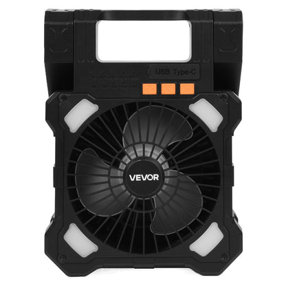 Wiederaufladbarer Solarventilator mit 20.000 mAh Kapazität, LED-Laterne, 20 cm Durchmesser, kabellos, mit 7-W-Solarpanel (faltbar), 5 Geschwindigkeitsstufen, Timer und leisem Betrieb. USB-Akkubetrieb für Camping, Zelt, Baustelle und Büro.