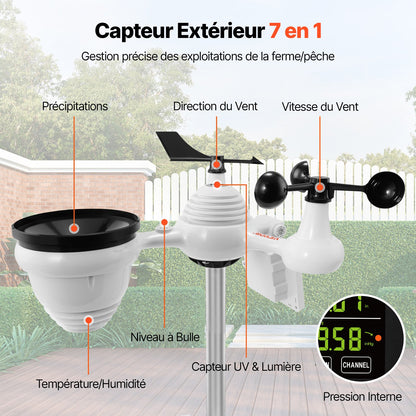 7-in-1 WLAN-Wetterstation mit 19,1 cm (7,5 Zoll) Farbdisplay für drinnen und draußen, mit solarbetriebenen, drahtlosen Außensensoren und Alarmfunktion für Temperatur, Luftfeuchtigkeit, Windgeschwindigkeit/-richtung und Regen.