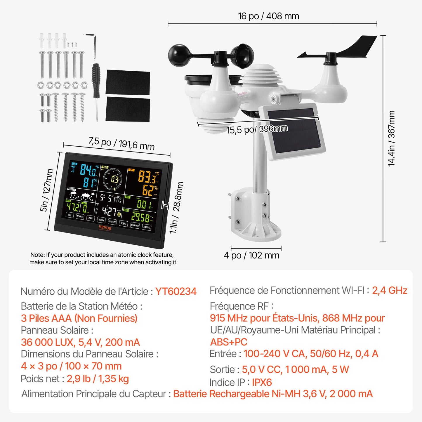 7-in-1 WLAN-Wetterstation mit 19,1 cm (7,5 Zoll) Farbdisplay für drinnen und draußen, mit solarbetriebenen, drahtlosen Außensensoren und Alarmfunktion für Temperatur, Luftfeuchtigkeit, Windgeschwindigkeit/-richtung und Regen.