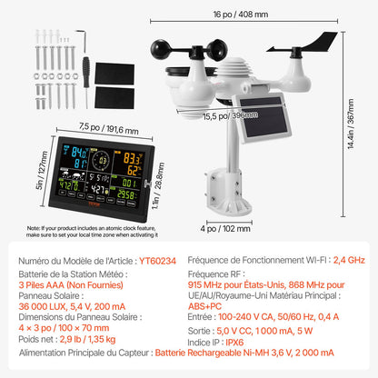 7-in-1 WLAN-Wetterstation mit 19,1 cm (7,5 Zoll) Farbdisplay für drinnen und draußen, mit solarbetriebenen, drahtlosen Außensensoren und Alarmfunktion für Temperatur, Luftfeuchtigkeit, Windgeschwindigkeit/-richtung und Regen.