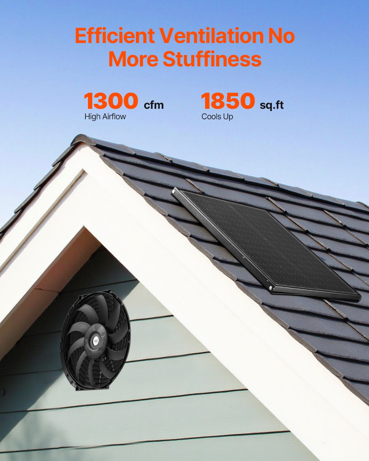 Gable Mount Fan, 12 Inch Solar Power Attic Exhaust Fan with Adjustable Thermostat & Outer Mesh, 1300 CFM House Ventilator Cools Up to 1850 Sq.Ft, Quiet Ventilation for Roof, Garage, Shop, Black