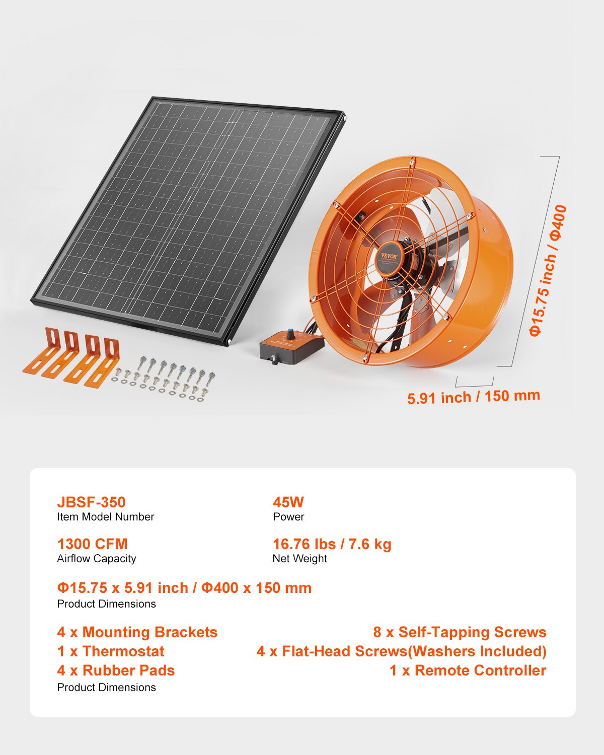 Gable Mount Fan, 14 Inch Solar Power Attic Exhaust Fan with Adjustable Thermostat & Outer Mesh, 1300 CFM House Ventilator Cool Upto 1850 Sq.Ft, Quiet Ventilation for Roof, Garage, Shop, Black