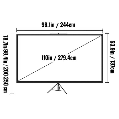 Tripod Projector Screen with Stand 110inch 16:9 4K HD Projection Screen Stand Wrinkle-Free Height Adjustable Portable Screen for Projector Indoor & Outdoor for Movie, Home Cinema, Gaming, Office