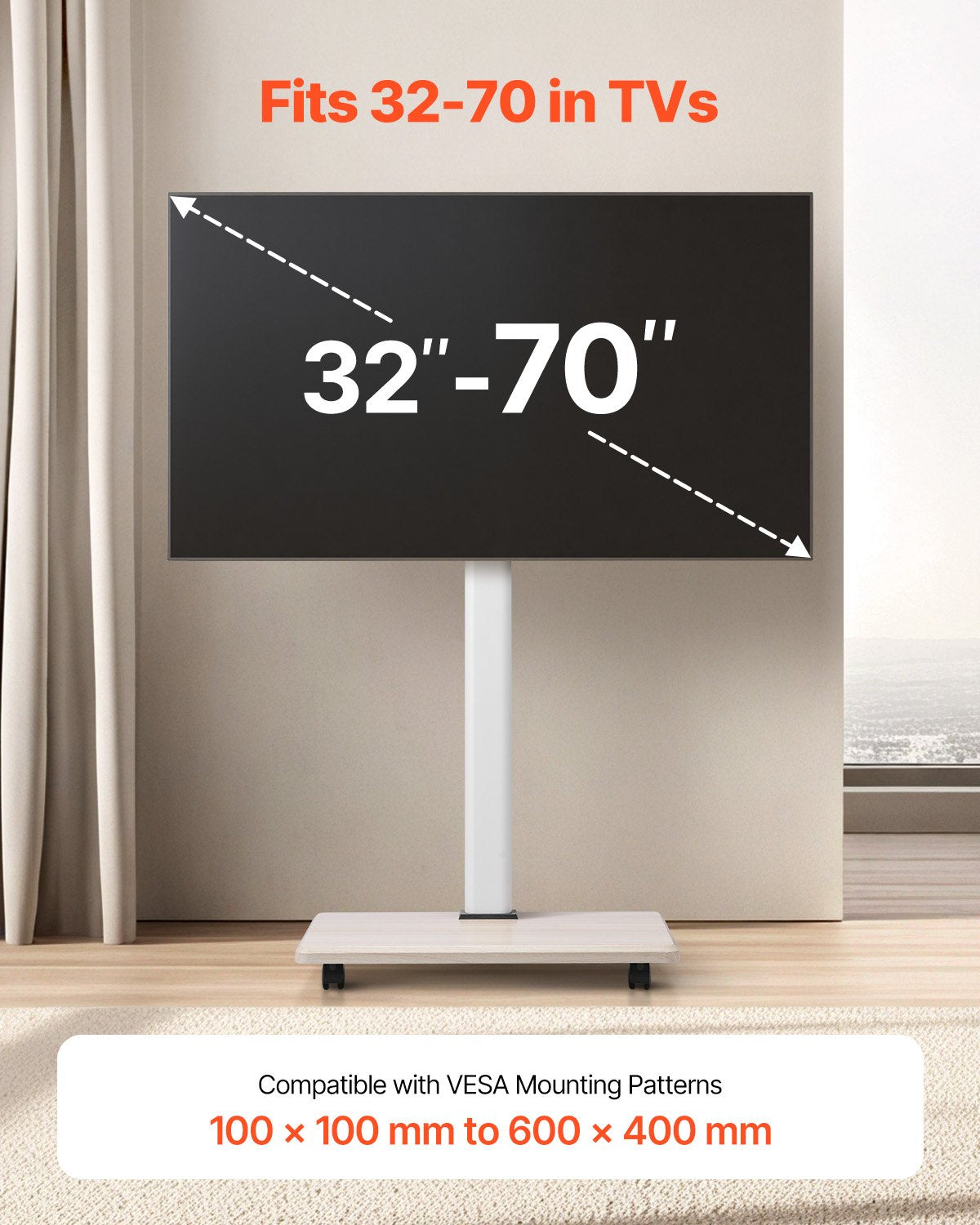 Rolling TV Stand, Mobile TV Cart for 32-70 Inch Screens, 25° Left-Right Rotation and Height Adjustable TV Mount on Wheels, Holds up to 99 lbs for Corner, Bedroom, Outdoor, Max VESA 600x400mm