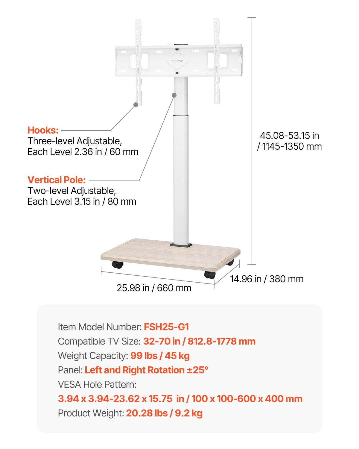 Rolling TV Stand, Mobile TV Cart for 32-70 Inch Screens, 25° Left-Right Rotation and Height Adjustable TV Mount on Wheels, Holds up to 99 lbs for Corner, Bedroom, Outdoor, Max VESA 600x400mm