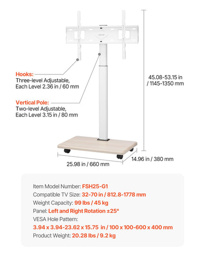 Rolling TV Stand, Mobile TV Cart for 32-70 Inch Screens, 25° Left-Right Rotation and Height Adjustable TV Mount on Wheels, Holds up to 99 lbs for Corner, Bedroom, Outdoor, Max VESA 600x400mm