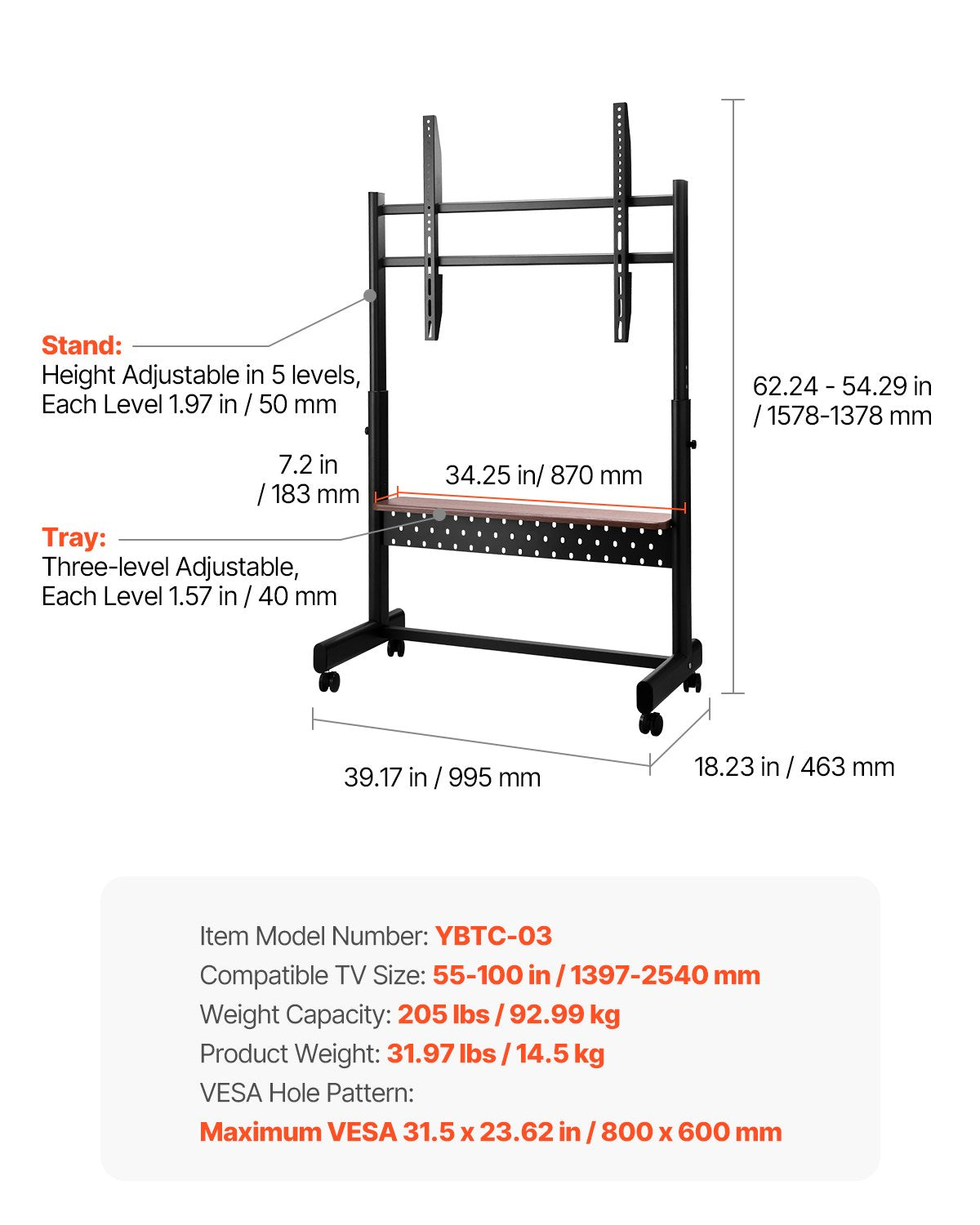 Rolling TV Stand, Mobile TV Cart for 55-100 Inch Screens, Height Adjustable Portable Monitor Stand with Tray, Holds up to 205 lbs for Living Room, Bedroom, Office, Outdoor Max VESA 800 x 600 mm