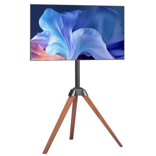 Dreibein-TV-Ständer, für 40-65 Zoll Flachbild-/Curved-TVs bis 45 kg, 18° drehbar nach links/rechts, Beine aus Eichenholz, für Schlafzimmer, Wohnzimmer, Studio, max. VESA 600 x 400 mm