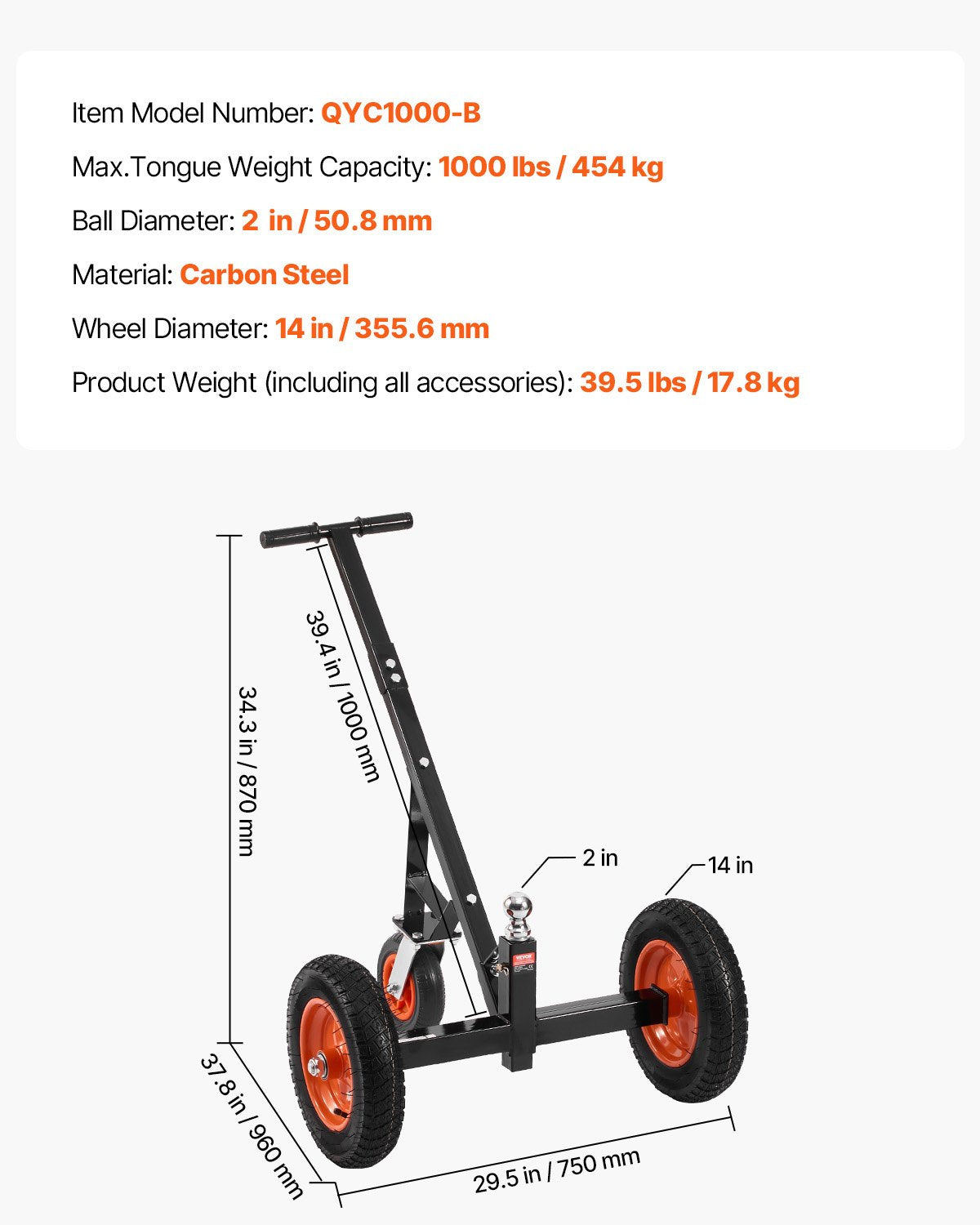 Trailer Dolly, 1000lbs Tongue Weight Capacity, Carbon Steel Trailer Mover with 2 inch Ball, 14 inch Pneumatic Tires, Portable Tow Dolly for Moving RV Trailer