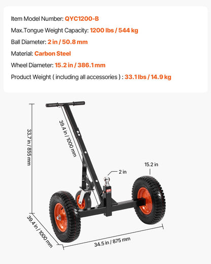 Trailer Dolly, 1200lbs Tongue Weight Capacity, Carbon Steel Trailer Mover with 2 inch Ball, 15.2 inch Pneumatic Tires, Portable Tow Dolly for Moving RV Trailer
